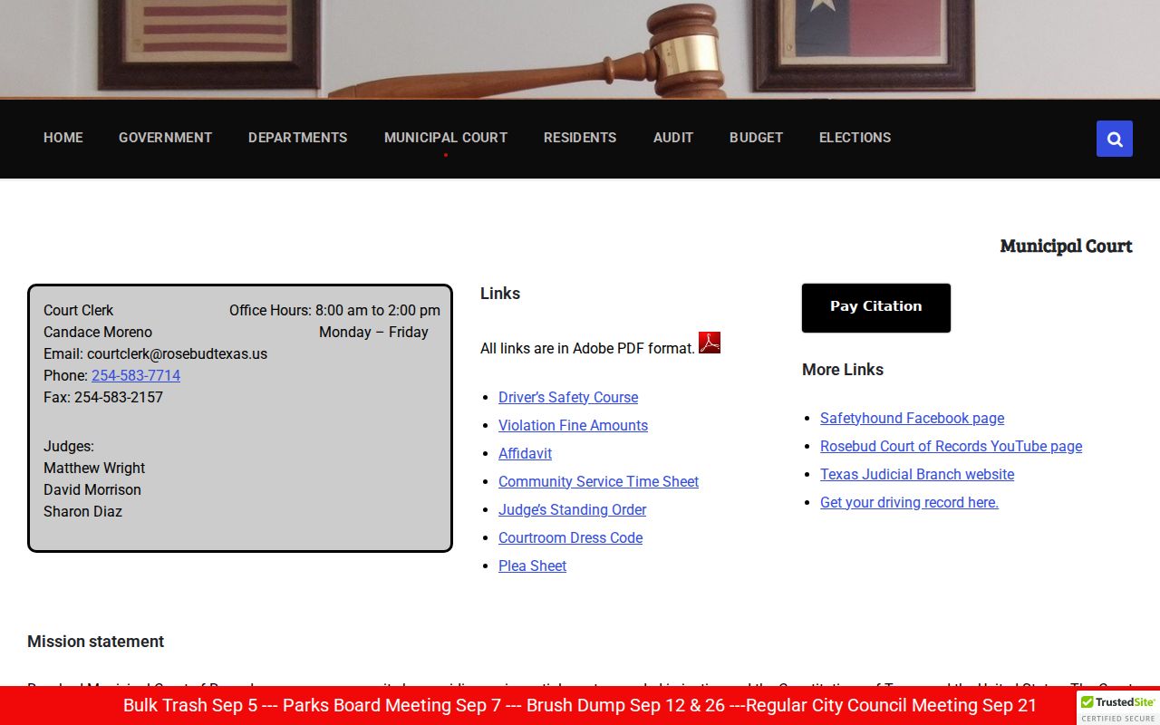 Rosebud court records Municipal Court schedule and access page